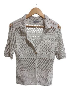 Pensato White Crochet Short Sleeve Button-Up Top with Cotton Blend